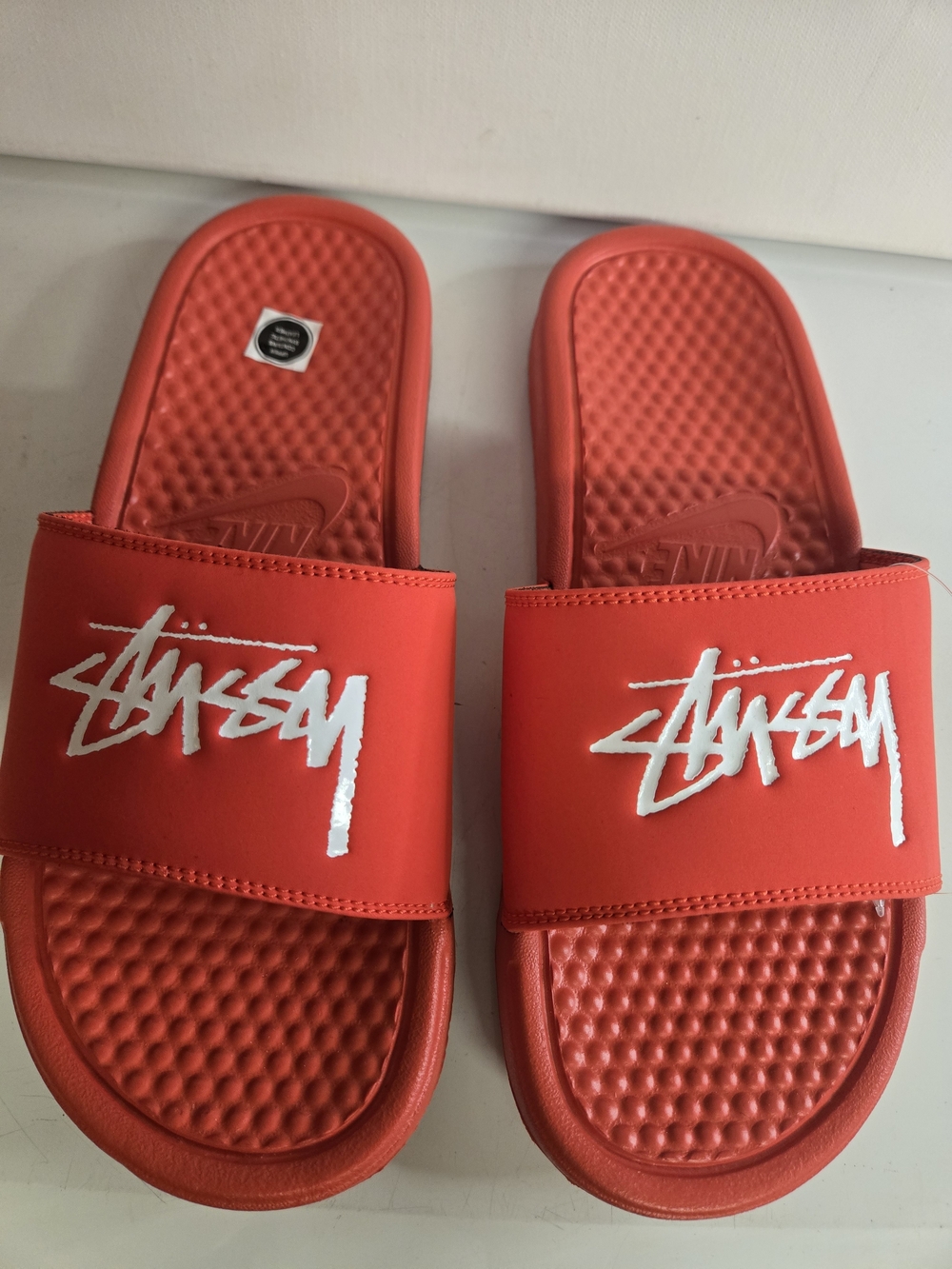 Nike Benassi / Stussy Habanero Red and White Slide Sandals - Picture 2 of 6